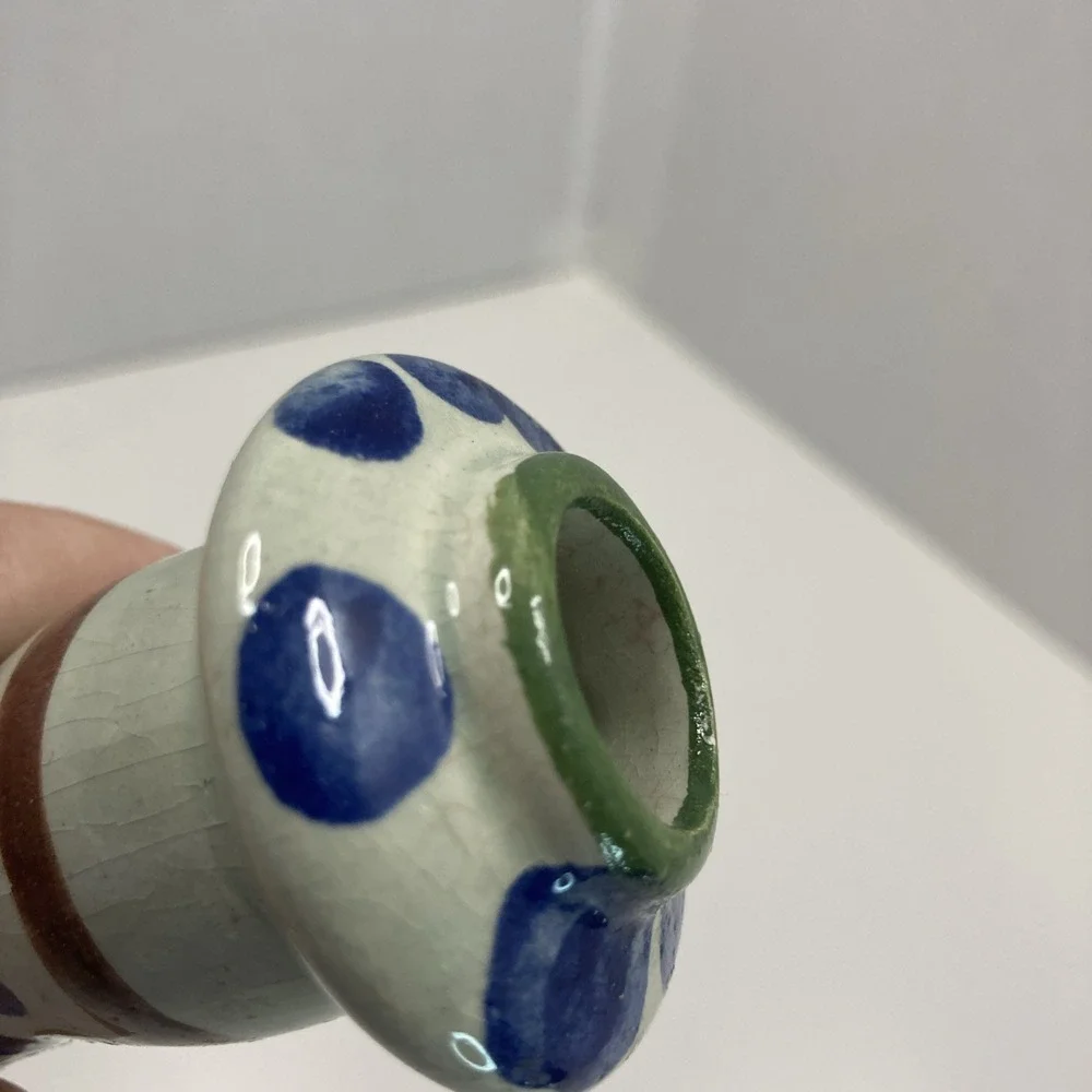 Vtg Folk Art Floral Mexican Tonala Pottery Candle Stick Holder‎ Signed 6 3/8